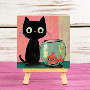Cute cat and gold fish mini printed canvas with wooden stand