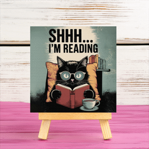 Reading cat mini printed canvas with wooden stand