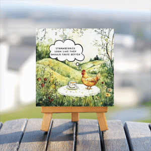 Hating Chicken mini printed canvas with wooden stand
