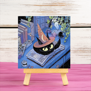 Cute witch cat mini printed canvas with wooden stand