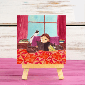 Cute reading girl with cat mini printed canvas with wooden stand