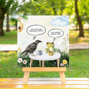 Frog and Crow funny conversation mini printed canvas with wooden stand