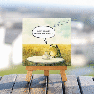 Positive frog quote mini printed canvas with wooden stand