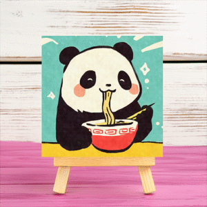 Cute Panda eating Noodles mini printed canvas with wooden stand