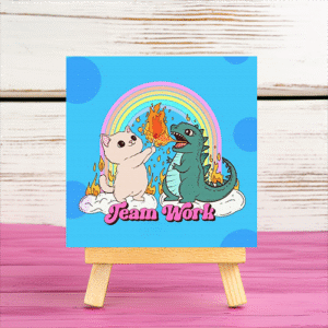 Cute Cat and Dino teamwork mini printed canvas with wooden stand